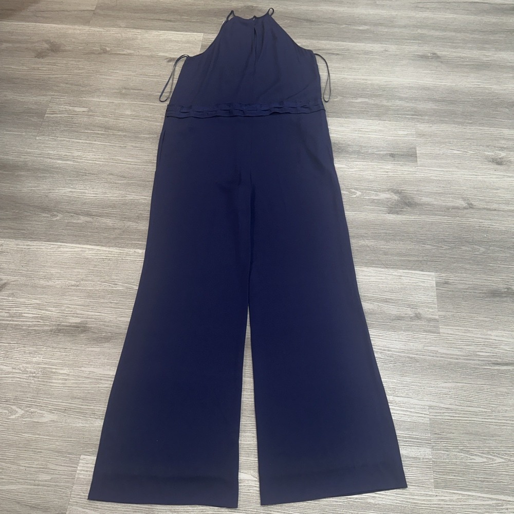 Diane Von Furstenberg Davin Silk Jumpsuit Size 14 Navy Tie Waist Wide Leg Halter - Picture 6 of 12
